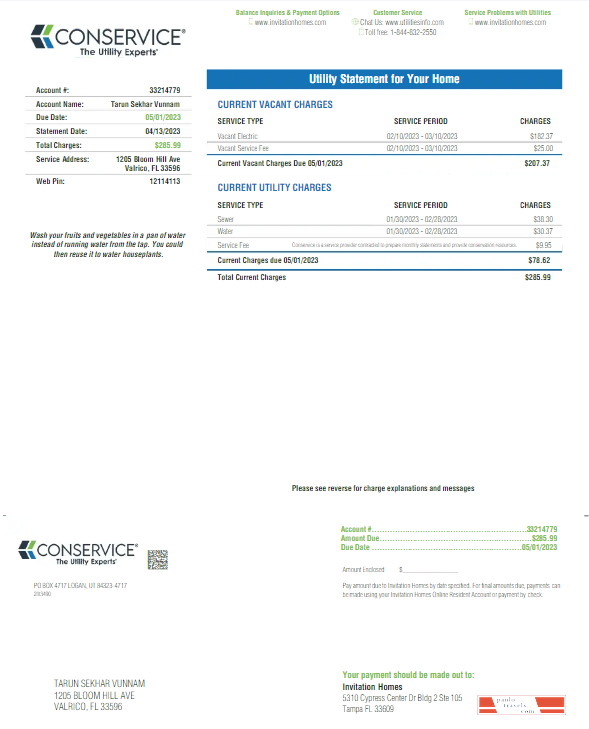 USA FLORID A CONSERVICE utility bill Word and PDF template